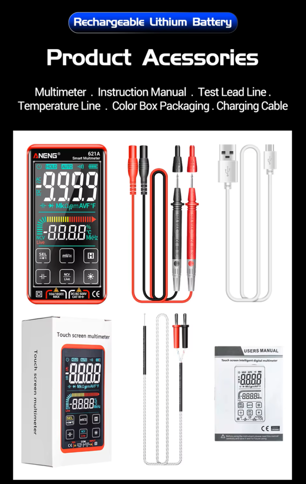 ANENG 621A Multímetro Digital Inteligente com True RMS - Preto - Image 9